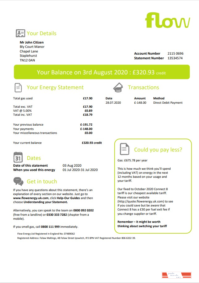 United Kingdom Flow Energy utility bill template in Word and PDF format